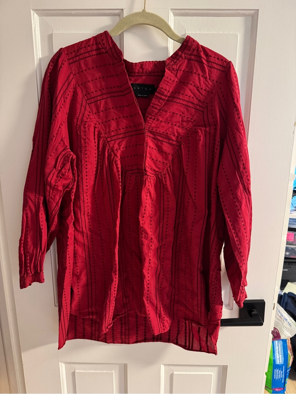 Hatch Red V-Neck Tunic with Textured Stripe Detail